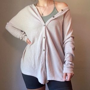 Pastel Waffle Knit Button Down Thermal Long Sleeve Shirt